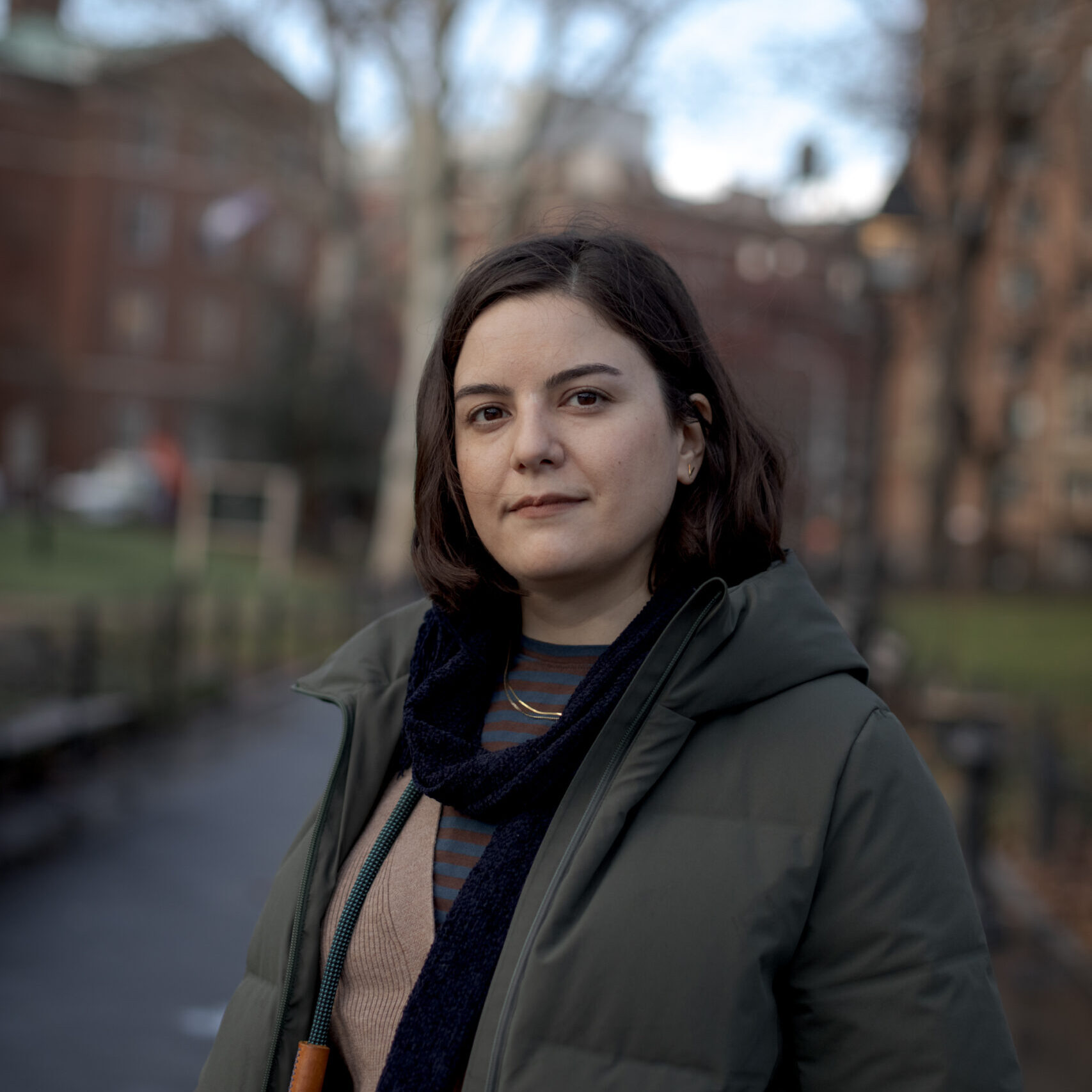 New York, NY — January 13, 2024: Portrait of filmmaker and editor Cecilia Delgado, a Venezuelan and Brazilian immigrant, in Washington Square Park close to where she attended undergrad at NYU's Tisch School of the Arts in lower Manhattan on Saturday morning.